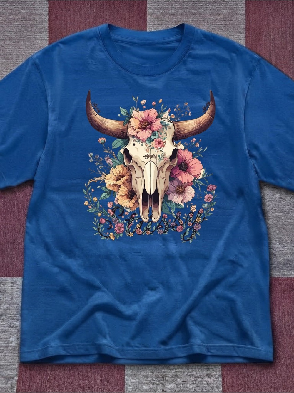 Gildan Blue Floral Bull Skull Graphic Tee